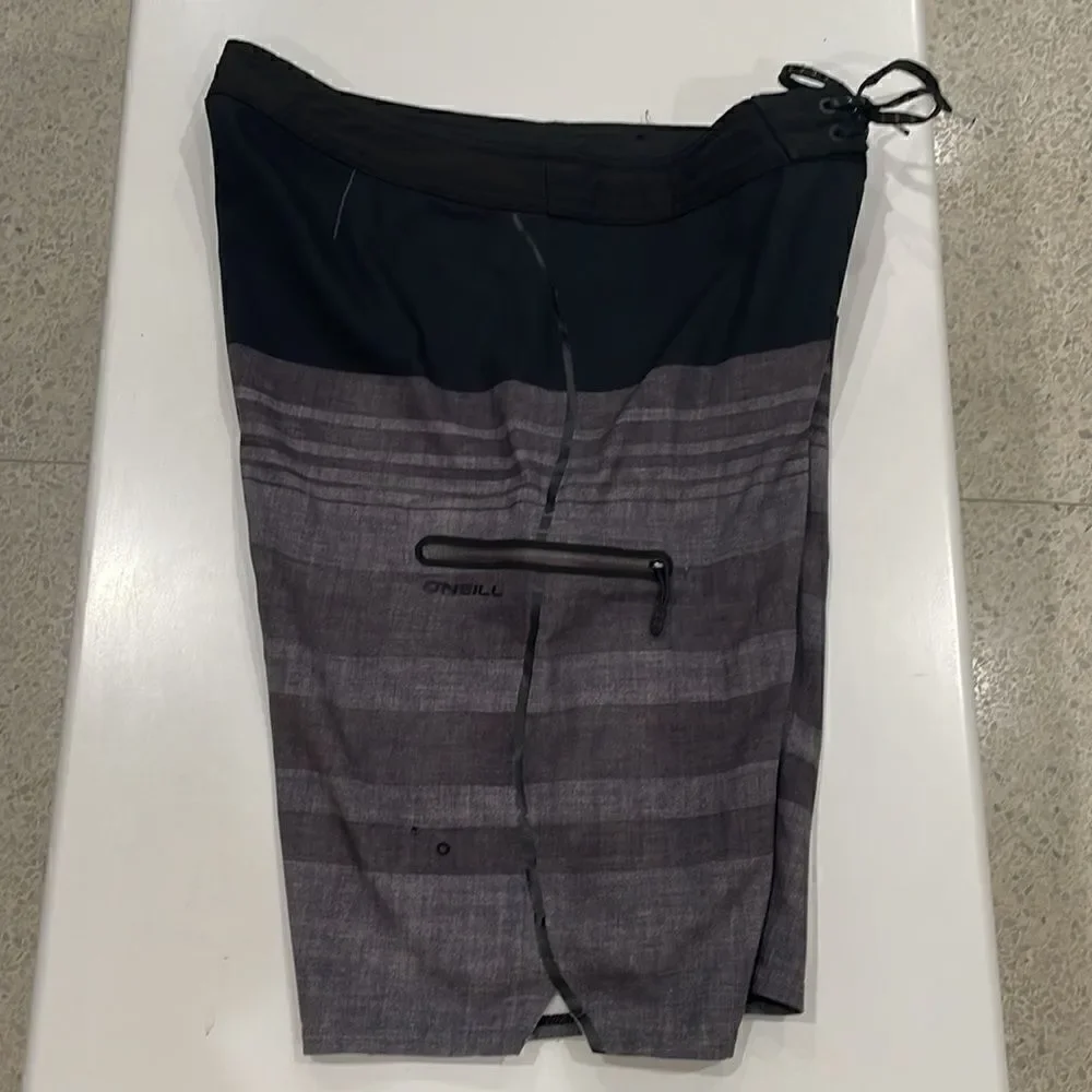 O' NEILL hyperfreak swim boardshorts lace up stretch gray black stripe